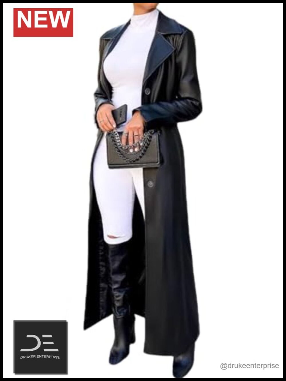 Womens Long Faux Leather Trench Coat Button Up Midi Jacket